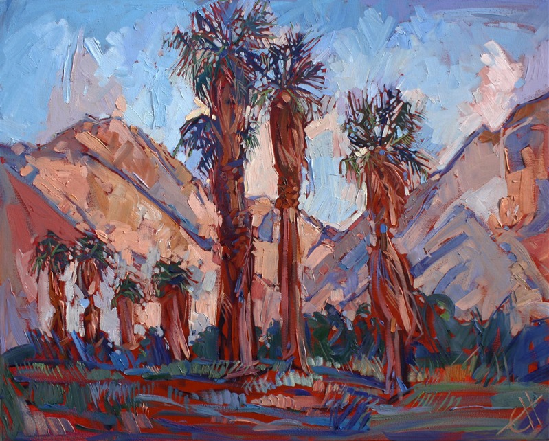 Wind rushes through these monumental palm trees standing sentry at Borrego Springs, California. The oil paint is applied in thick, loose brush strokes.</p><p>This painting was created on museum-depth canvas, with the painting continued around the edges of the stretched canvas. It arrives ready to hang without a frame. (Please contact the artist if you would like information on framing options for this painting.)