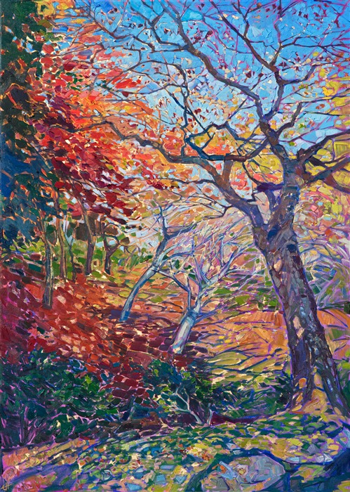 Kyoto, Japan, is a beautiful place to experience the Japanese maples changing color.  In this painting I wanted to capture the amazing range of color you see in the temple gardens, from green and yellow to purple and red.  There is such a sense of grace in the branches of these ancient maples, as well as a peaceful sense of motion with the gentle winds in the leaves.

This oil painting was created over a layer of 24kt gold leaf, and small flecks of gold reflect the light when the painting is viewed at the right angle.

This painting was created on 1-1/2" canvas, with the painting continued around the edges. The painting arrives framed in a 23kt gold leaf floater frame, wired and ready to hang.
