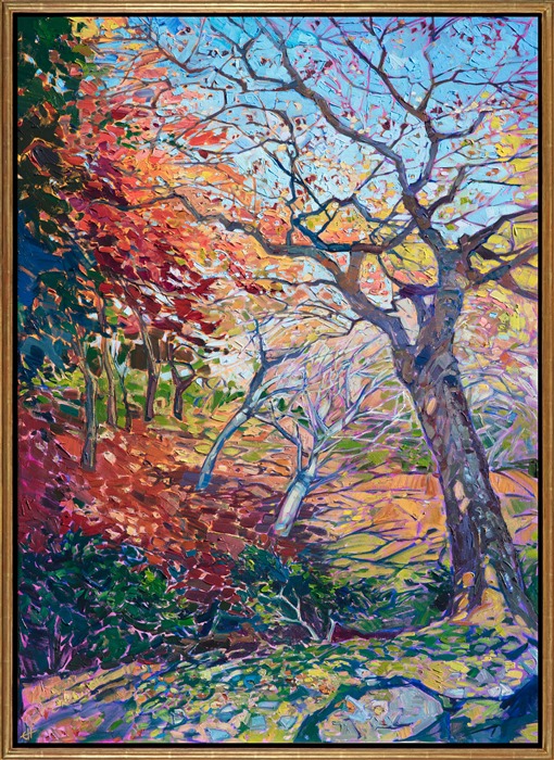 Kyoto, Japan, is a beautiful place to experience the Japanese maples changing color.  In this painting I wanted to capture the amazing range of color you see in the temple gardens, from green and yellow to purple and red.  There is such a sense of grace in the branches of these ancient maples, as well as a peaceful sense of motion with the gentle winds in the leaves.</p><p>This oil painting was created over a layer of 24kt gold leaf, and small flecks of gold reflect the light when the painting is viewed at the right angle.</p><p>This painting was created on 1-1/2" canvas, with the painting continued around the edges. The painting arrives framed in a 23kt gold leaf floater frame, wired and ready to hang.