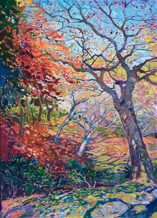 Kyoto, Japan, is a beautiful place to experience the Japanese maples changing color.  In this painting I wanted to capture the amazing range of color you see in the temple gardens, from green and yellow to purple and red.  There is such a sense of grace in the branches of these ancient maples, as well as a peaceful sense of motion with the gentle winds in the leaves.</p><p>This oil painting was created over a layer of 24kt gold leaf, and small flecks of gold reflect the light when the painting is viewed at the right angle.</p><p>This painting was created on 1-1/2" canvas, with the painting continued around the edges. The painting arrives framed in a 23kt gold leaf floater frame, wired and ready to hang.