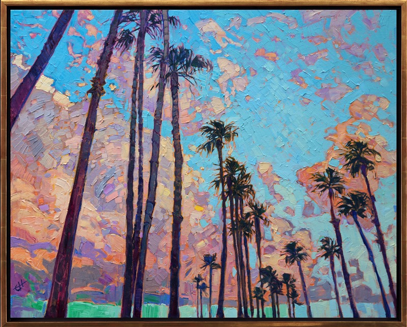 San Diego palms dance along the coast in this expressive oil painting. The brush strokes capture the movement and life of the outdoor scene. Billowing coastal clouds catch the soft colors of early morning.</p><p>"Movement of Palms" was created on 1-1/2" canvas, with the painting continued around the edges. The painting is presented in a contemporary gold floater frame.