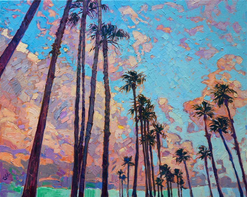 San Diego palms dance along the coast in this expressive oil painting. The brush strokes capture the movement and life of the outdoor scene. Billowing coastal clouds catch the soft colors of early morning.</p><p>"Movement of Palms" was created on 1-1/2" canvas, with the painting continued around the edges. The painting is presented in a contemporary gold floater frame.