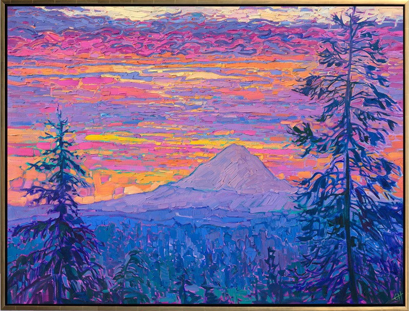 Mt Hood peeks over the layers of evergreens, glowing a dusky hue of majestic purple in the fiery, sunset sky. This bold painting captures all the beauty of the northwest with thick, impressionistic brush strokes. Sunset paintings are the epitome of nature's beauty.</p><p>"Mt Hood" is an original oil painting created on 1-1/2" canvas. The piece arrives in a gold floating frame, ready to hang.