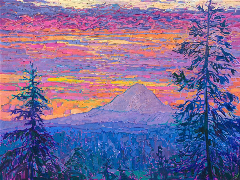 Mt Hood peeks over the layers of evergreens, glowing a dusky hue of majestic purple in the fiery, sunset sky. This bold painting captures all the beauty of the northwest with thick, impressionistic brush strokes. Sunset paintings are the epitome of nature's beauty.</p><p>"Mt Hood" is an original oil painting created on 1-1/2" canvas. The piece arrives in a gold floating frame, ready to hang.