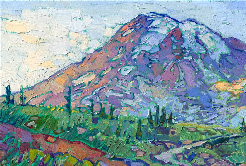 The trail to the summit of Mt Rainier is one of the most beautiful hikes I've ever done. Lush grasses and abundant wildflowers blanket the landscape in greens and pops of color. The peak of Mt Ranier looms above, larger than I can possibly capture on a canvas, golden clouds of fog clinging to the sides of the mountain. I used thick brush strokes of oil paint laid side-by-side on the canvas to capture the strong shapes and texture of the mountain. Delicate blooms in lavender, white, and yellow set off the foreground.