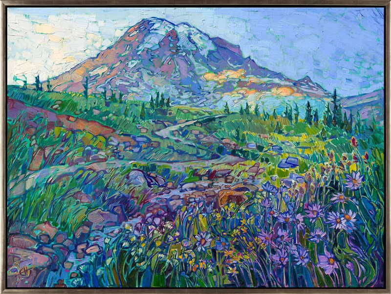 The trail to the summit of Mt Rainier is one of the most beautiful hikes I've ever done. Lush grasses and abundant wildflowers blanket the landscape in greens and pops of color. The peak of Mt Ranier looms above, larger than I can possibly capture on a canvas, golden clouds of fog clinging to the sides of the mountain. I used thick brush strokes of oil paint laid side-by-side on the canvas to capture the strong shapes and texture of the mountain. Delicate blooms in lavender, white, and yellow set off the foreground.