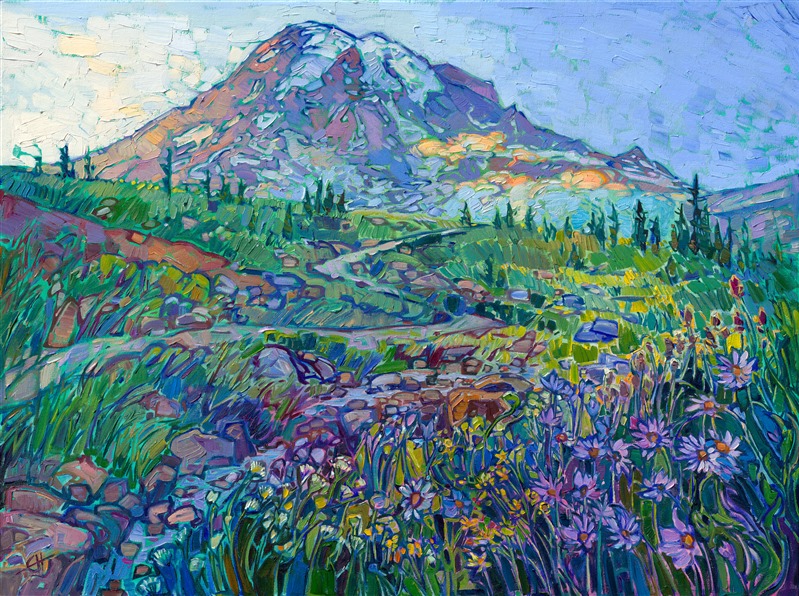 The trail to the summit of Mt Rainier is one of the most beautiful hikes I've ever done. Lush grasses and abundant wildflowers blanket the landscape in greens and pops of color. The peak of Mt Ranier looms above, larger than I can possibly capture on a canvas, golden clouds of fog clinging to the sides of the mountain. I used thick brush strokes of oil paint laid side-by-side on the canvas to capture the strong shapes and texture of the mountain. Delicate blooms in lavender, white, and yellow set off the foreground.