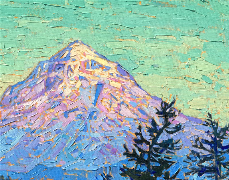I found the inspiration for this painting while driving through the Willamette Valley wine country, taking photos of vineyards at peak fall color. It had been a rainy, overcast day, but the clouds parted an hour before sundown, and I could see all the way to Mt. Hood. As the last rays of sunlight illuminated the landscape, Mt. Hood was colored pink and yellow against a darkening green sky.