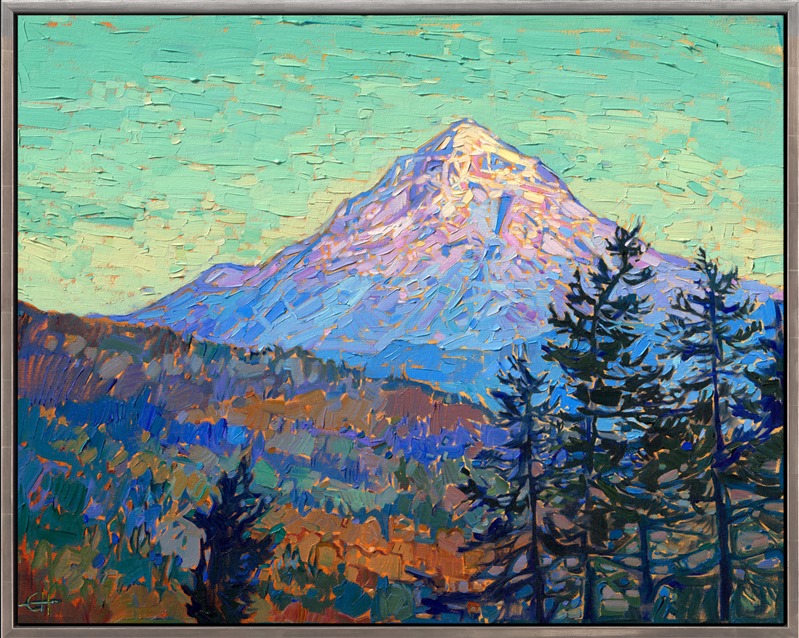 I found the inspiration for this painting while driving through the Willamette Valley wine country, taking photos of vineyards at peak fall color. It had been a rainy, overcast day, but the clouds parted an hour before sundown, and I could see all the way to Mt. Hood. As the last rays of sunlight illuminated the landscape, Mt. Hood was colored pink and yellow against a darkening green sky.