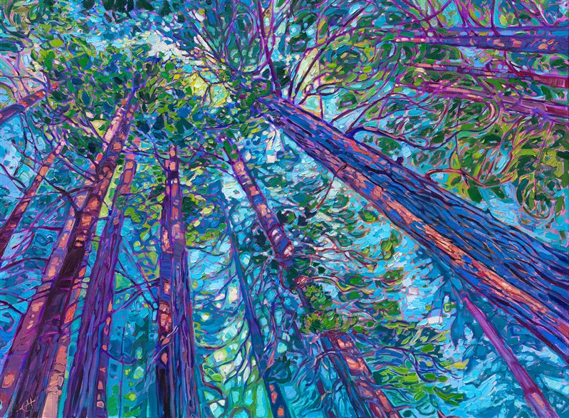 Muir Woods was the first place I went backpacking when I moved to UC Berkeley in California's Bay Area (many, many years ago!) I was awestruck by the massive evergreens, their thick trucks stretching impossibly high into the sky. All sounds were muffled under the redwood canopy, and there is a feeling of peace and escape. I tried to capture this emotion while painting this work.</p><p>"Muir Woods" is an original oil painting on stretched canvas. The piece arrives framed in a burnished silver floater frame, ready to hang.