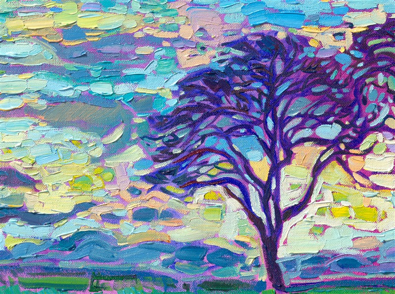 This painting captures a pair of oak trees standing above a field of mustard flowers in Oregon's Willamette Valley. Oregon's countryside is not only home to beautiful vineyards, but also flower fields, mustard plants, and hazelnut groves. This scene is captured with thick, impasto brush strokes laid side-by-side without layering, in Erin Hanson's iconic Open Impressionism style.