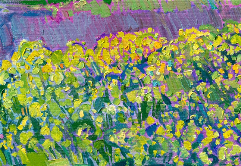 This painting captures a pair of oak trees standing above a field of mustard flowers in Oregon's Willamette Valley. Oregon's countryside is not only home to beautiful vineyards, but also flower fields, mustard plants, and hazelnut groves. This scene is captured with thick, impasto brush strokes laid side-by-side without layering, in Erin Hanson's iconic Open Impressionism style.