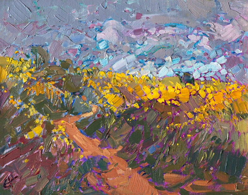 Cadmium yellow mustard flowers cover the top of this hill, the small flowers catching the light and contrasting against the darker clouds.  Each impasto brush stroke is lively and full of motion, capturing the wide outdoors on a small canvas.</p><p>This painting was created on canvas board and arrives framed in a beautiful gilded frame, ready to hang.