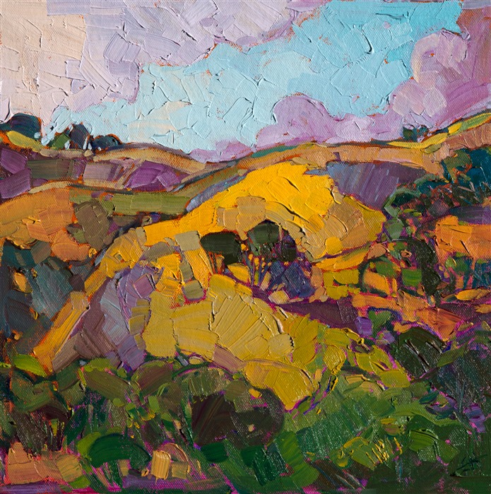 Mustard flowers bring a stroke of color to these rolling hills of central California.  The expressionist brush strokes add a lively sense of movement to the painting.</p><p>This small oil painting arrives framed and ready to hang.