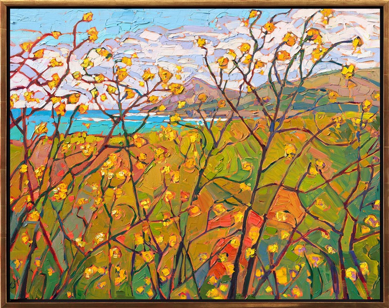 This painting captures the unique view of looking at the coast through the abstract branches of the iconic mustard plant, which blooms with vivacious yellows all along California's coastline. The abstract forms of color capture the movement and colorful beauty of California in the spring.</p><p>"Mustard in Abstract" was created on 1-1/2" stretched linen, and the piece arrives framed in a contemporary gold floater frame finished in 23kt gold leaf.