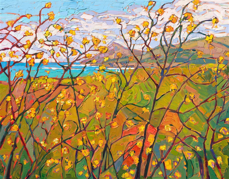 This painting captures the unique view of looking at the coast through the abstract branches of the iconic mustard plant, which blooms with vivacious yellows all along California's coastline. The abstract forms of color capture the movement and colorful beauty of California in the spring.</p><p>"Mustard in Abstract" was created on 1-1/2" stretched linen, and the piece arrives framed in a contemporary gold floater frame finished in 23kt gold leaf.