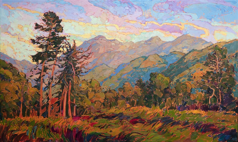 Carmel Valley is painted in beautiful hues of an early California summer.  The lush brush strokes are thick and impressionistic, adding additional dimension to the piece.  The tall California redwoods are a beautiful contrast against a sunset sky.</p><p>This painting was done on 1-1/2" canvas, with the painting continued around the edges for a finished look.  This painting has been framed in a carved gold floater frame, custom-made for this painting.<br/>