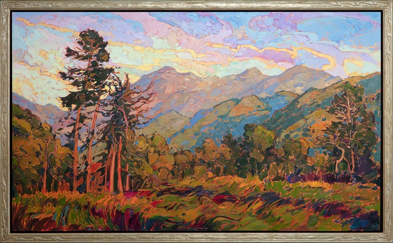 Carmel Valley is painted in beautiful hues of an early California summer.  The lush brush strokes are thick and impressionistic, adding additional dimension to the piece.  The tall California redwoods are a beautiful contrast against a sunset sky.</p><p>This painting was done on 1-1/2" canvas, with the painting continued around the edges for a finished look.  This painting has been framed in a carved gold floater frame, custom-made for this painting.<br/>