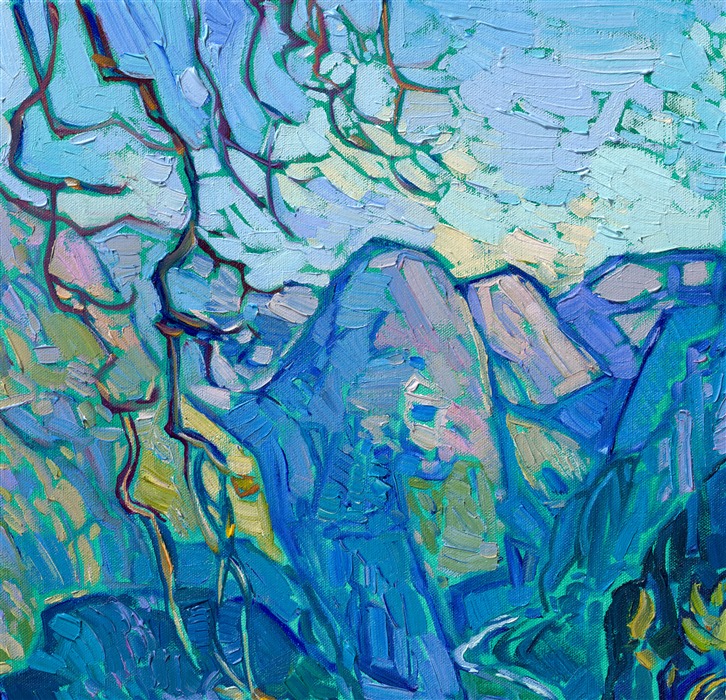 Naeroydalen is a popular valley in Norway that has spectacular and dramatic cliffs. This painting captures the rich colors and dramatic view from Stalheim Hotel, which is perched high on the side of the mountain and is only accessible via steep switchbacks. Thick brushstrokes of oil paint laid side by side on a viridian-toned canvas create a mosaic of color and texture that keeps the eye roaming through the piece.