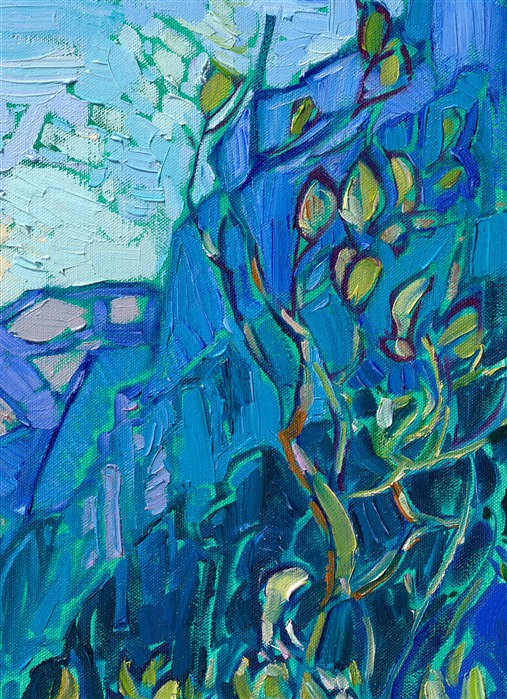 Naeroydalen is a popular valley in Norway that has spectacular and dramatic cliffs. This painting captures the rich colors and dramatic view from Stalheim Hotel, which is perched high on the side of the mountain and is only accessible via steep switchbacks. Thick brushstrokes of oil paint laid side by side on a viridian-toned canvas create a mosaic of color and texture that keeps the eye roaming through the piece.