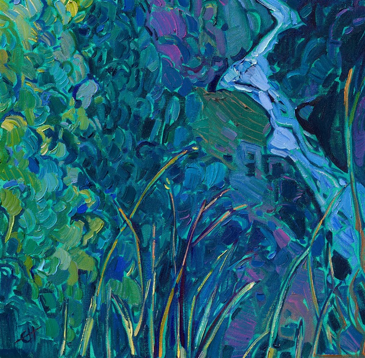 Naeroydalen is a popular valley in Norway that has spectacular and dramatic cliffs. This painting captures the rich colors and dramatic view from Stalheim Hotel, which is perched high on the side of the mountain and is only accessible via steep switchbacks. Thick brushstrokes of oil paint laid side by side on a viridian-toned canvas create a mosaic of color and texture that keeps the eye roaming through the piece.