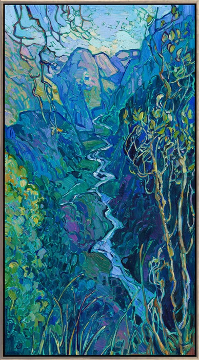 Naeroydalen is a popular valley in Norway that has spectacular and dramatic cliffs. This painting captures the rich colors and dramatic view from Stalheim Hotel, which is perched high on the side of the mountain and is only accessible via steep switchbacks. Thick brushstrokes of oil paint laid side by side on a viridian-toned canvas create a mosaic of color and texture that keeps the eye roaming through the piece.