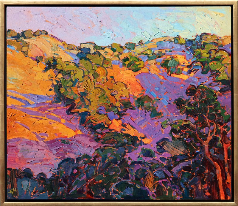 Early dawn light casts rich lavender shadows across morning-orange hills of Napa's wine country. Thick, impressionistic brush strokes build up layers of color that add an extra dimensions to the painting.  </p><p>The painting was done on 1-1/2" canvas, with the painting continued around the edges.  It has been framed in a hand-carved, open impressionist frame.</p><p><br/>We are donating 10% of this painting sale to the <i>Napa Valley Community Disaster Relief Fund </i> and the <i>Sonoma Humane Society</i>. </p><p>For the next 30 days we will also be donating 100% of all proceeds from her <a href="https://www.erinhanson.com/WineCountryBook" target="_blank">California Wine Country</a> book sales to these hardworking and much valued non-profits. 