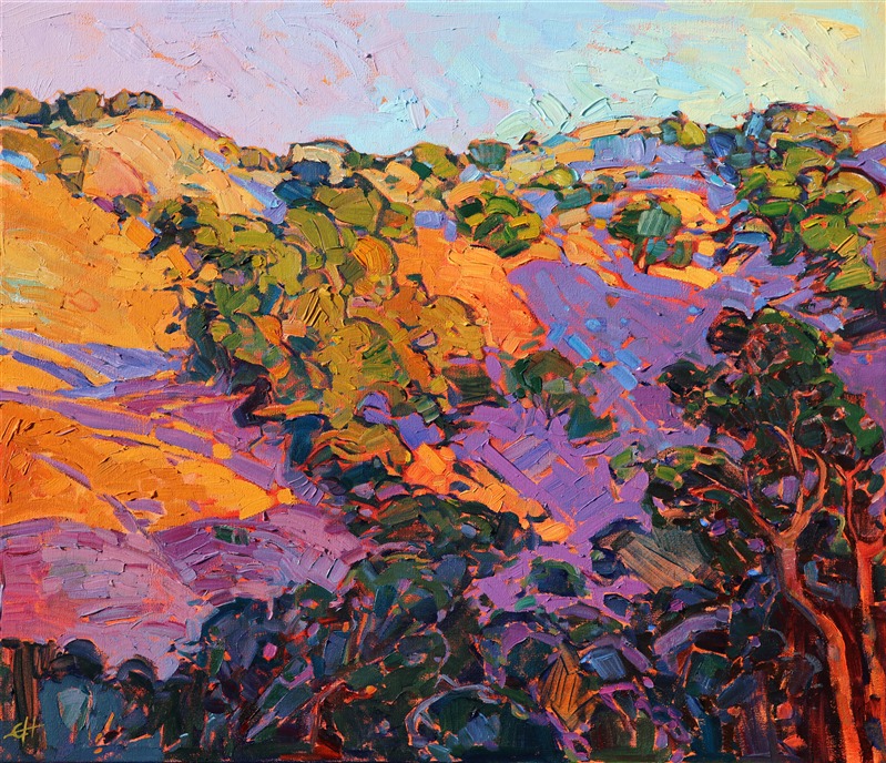 Early dawn light casts rich lavender shadows across morning-orange hills of Napa's wine country. Thick, impressionistic brush strokes build up layers of color that add an extra dimensions to the painting.  </p><p>The painting was done on 1-1/2" canvas, with the painting continued around the edges.  It has been framed in a hand-carved, open impressionist frame.</p><p><br/>We are donating 10% of this painting sale to the <i>Napa Valley Community Disaster Relief Fund </i> and the <i>Sonoma Humane Society</i>. </p><p>For the next 30 days we will also be donating 100% of all proceeds from her <a href="https://www.erinhanson.com/WineCountryBook" target="_blank">California Wine Country</a> book sales to these hardworking and much valued non-profits. 