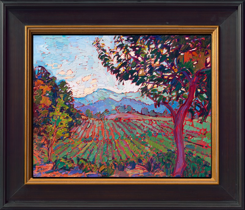 This petite work captures the rich hues and textures of Napa Valley, in California wine country. Thick, impressionistic brushstrokes convey a sense of movement and excitement to the painting, transporting you to memories of driving through sun-soaked vineyards and tasting delightful vintages.