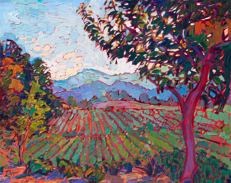 This petite work captures the rich hues and textures of Napa Valley, in California wine country. Thick, impressionistic brushstrokes convey a sense of movement and excitement to the painting, transporting you to memories of driving through sun-soaked vineyards and tasting delightful vintages.