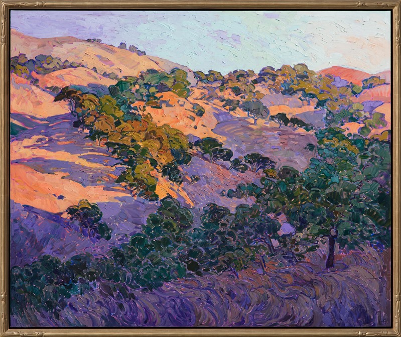Summer-golden hills of northern California wine country are captured here in wide brush strokes and vivid color.  Napa Valley is full of inspirational vistas, rolling hills, and oak trees, not to mention the many vineyards.  This large painting re-creates the grandeur of this landscape.</p><p>"Napa Oaks" was painted on 1-1/2" canvas, with the painting continued around the edges in wrap-around style.  The piece has been framed in a hand-carved and gilded frame made by Mayen Olson.  It arrives wired and ready to hang.