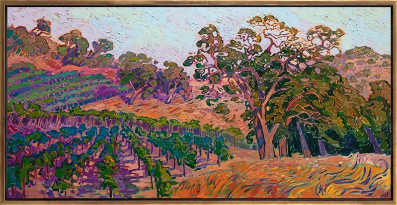 Napa vineyards and oak trees are depicted here in colors of summer, with vivid, warm hues of rust and amber. The brush strokes are thick and impressionistic, capturing the movement and life of the scene.</p><p>"Napa Summer" was created on 1-1/2" canvas, with the painting continued around the edges. The piece arrives framed in a contemporary gold floater frame.