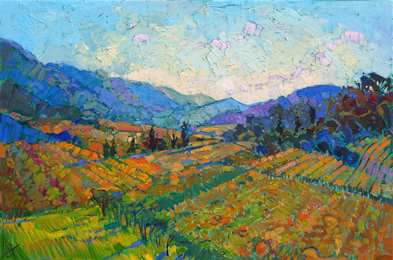 Blankets of Napa greens cover the rolling hills of northern California's wine country. This oil painting comes to life in a mosaic of color and texture.