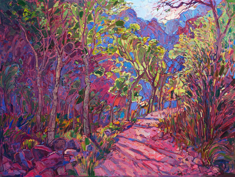 Another painting inspired by the Grand Canyon, <i>Nature's Pass</i> captures the cool shadows and serenity of the canyon floor where the Bright Angel campground is located. The brush strokes in this painting are loose and expressionistic, full of color and motion.</p><p>This painting was done on 1-1/2" canvas, with the painting continued around the edges. Please contact us for framing options.