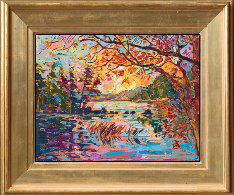 October dawns cool and colorful over this New England lake in Maine. This painting was created in Hanson's iconic Open Impressionism style, with thick, impasto brush strokes that do not overlap. Vibrant colors are captured with a limited palette of only five pigments.</p><p>"New England Color" is an original oil painting on linen board. The piece arrives framed in a gold plein air frame, ready to hang.</p><p>This painting will be displayed at Erin Hanson's annual <a href="https://www.erinhanson.com/Event/ErinHansonSmallWorks2022" target=_"blank"><i>Petite Show</a></i> on November 19th, 2022, at The Erin Hanson Gallery in McMinnville, OR.