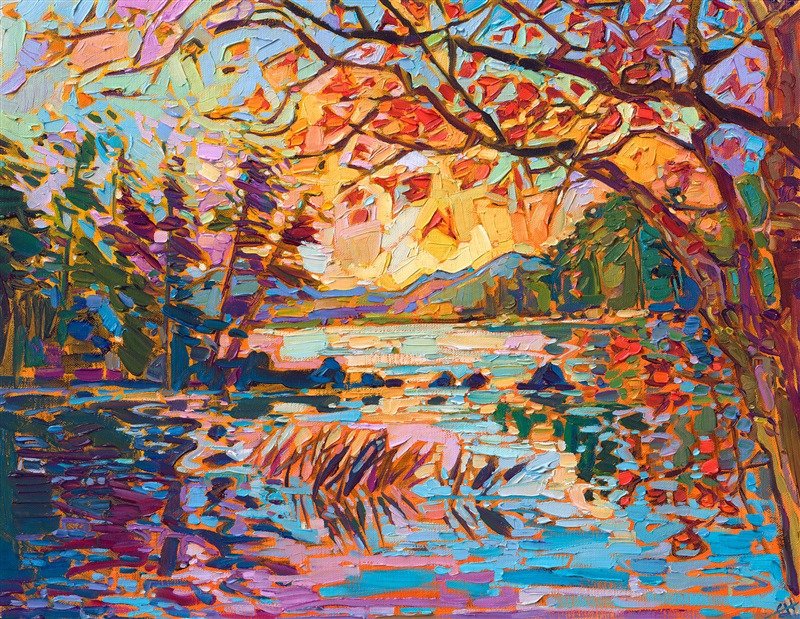 October dawns cool and colorful over this New England lake in Maine. This painting was created in Hanson's iconic Open Impressionism style, with thick, impasto brush strokes that do not overlap. Vibrant colors are captured with a limited palette of only five pigments.</p><p>"New England Color" is an original oil painting on linen board. The piece arrives framed in a gold plein air frame, ready to hang.</p><p>This painting will be displayed at Erin Hanson's annual <a href="https://www.erinhanson.com/Event/ErinHansonSmallWorks2022" target=_"blank"><i>Petite Show</a></i> on November 19th, 2022, at The Erin Hanson Gallery in McMinnville, OR.