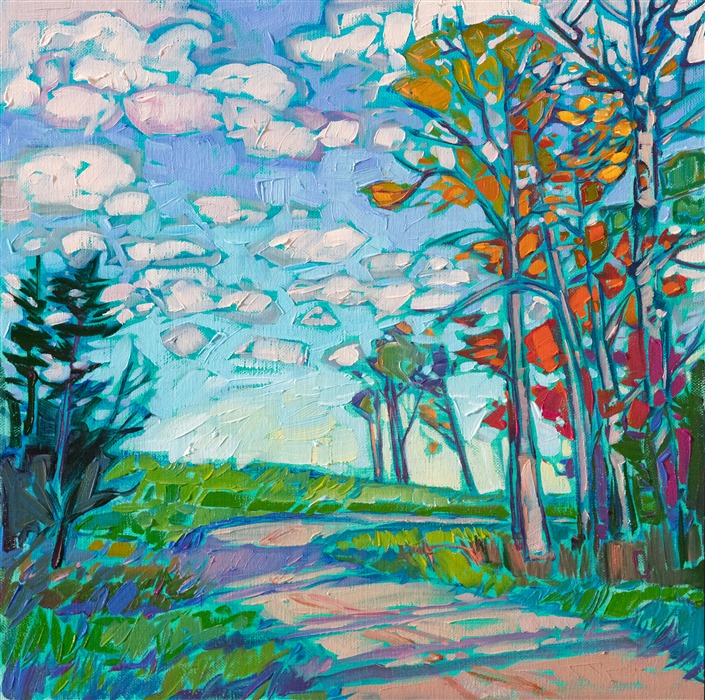 A winding path leads you over the low rolling hills of New Hampshire. The bright colors of autumn contrast with the baby blue sky above. Each deftly applied brush stroke adds to the movement and beauty of the scene.</p><p>"New England Dawn" was created on fine linen board, and the painting arrives framed in a hand-made and gilded plein air frame.