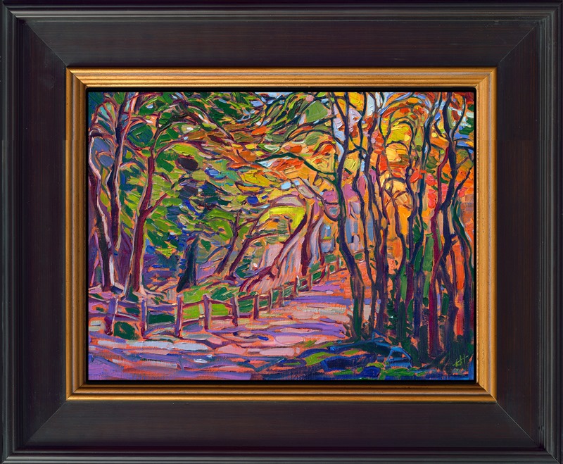 New England in autumn is like a fairytale land of color, from the viewpoint of someone who grew up in Los Angeles, California, where oak trees go from dark green to dark brown with no color in between. This painting captures a path I found wandering through the autumn colors of October in New Hampshire.