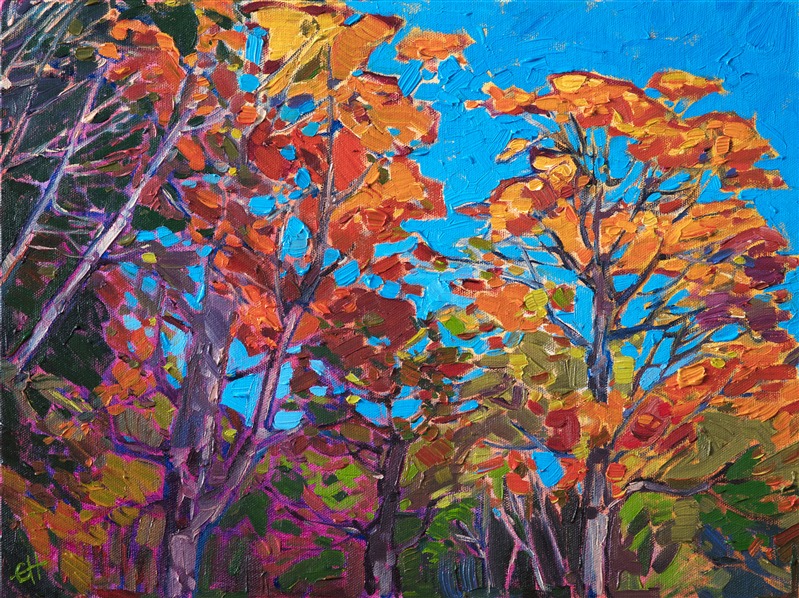New Hampshire fall foliage is painted here in lush brush strokes and vivid color.  This paintng was inspired by my recent trip to the White Mountains in New England.  Seeing the fall colors on the east coast for the first time made quite an impression on me, and I have been painting the scenery ever since.

This painting was done on 1/8"canvas, and it arrives framed and ready to hang.
