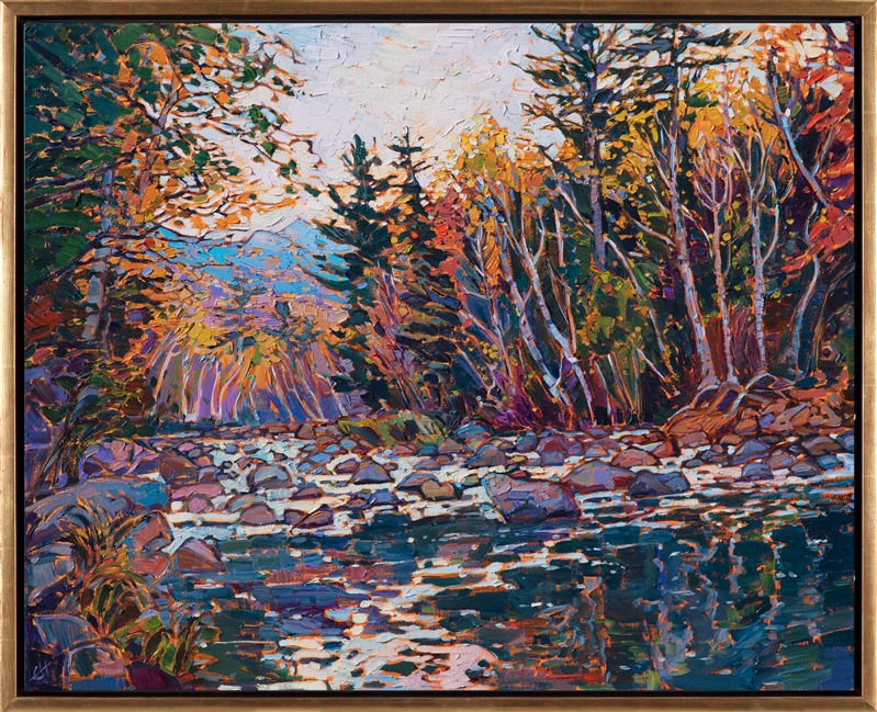 This painting was inspired by a leaf peeping trip I took in New England last autumn. The landscape around the White Mountains was my favorite - this painting captures a stream glimmering in the early morning light.  I love how the distant mountains peaks appear blue and green peeking between the trees.</p><p>This painting was created on 1-1/2" canvas, with the painting continued around the edges. It arrives framed and ready to hang.