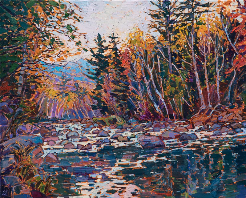 This painting was inspired by a leaf peeping trip I took in New England last autumn. The landscape around the White Mountains was my favorite - this painting captures a stream glimmering in the early morning light.  I love how the distant mountains peaks appear blue and green peeking between the trees.</p><p>This painting was created on 1-1/2" canvas, with the painting continued around the edges. It arrives framed and ready to hang.
