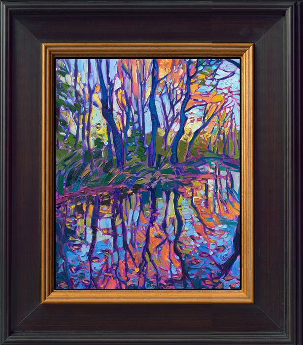 A petite capture of New England autumn colors, this small painting re-creates the beauty of fall with short, deliberate brush strokes, an excellent example of Erin Hanson's Open Impressionism technique. This painting was inspired by a hike on the Appalachian Trail in the White Mountains of New Hampshire.</p><p>"New England Reflections" is an original oil painting on linen board. The piece arrives framed in a black and gold plein air frame, ready to hang.