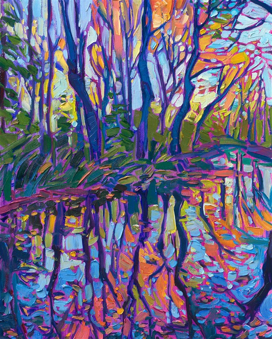 A petite capture of New England autumn colors, this small painting re-creates the beauty of fall with short, deliberate brush strokes, an excellent example of Erin Hanson's Open Impressionism technique. This painting was inspired by a hike on the Appalachian Trail in the White Mountains of New Hampshire.</p><p>"New England Reflections" is an original oil painting on linen board. The piece arrives framed in a black and gold plein air frame, ready to hang.