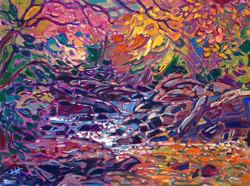 This painting captures the beauty of autumn on the east coast, inspired by a leaf-peeping adventure from Maine to South Carolina. The cool tones of the bubbling brook are beautifully contrasted by the overhanging maple and oak trees.</p><p>"New England Waters" is an original oil painting on linen board, done in Erin Hanson's signature Open Impressionism style. The piece arrives framed in a wide, mock floater frame finished in black with gold edging.</p><p>This piece will be displayed in Erin Hanson's annual <i><a href="https://www.erinhanson.com/Event/petiteshow2023">Petite Show</i></a> in McMinnville, Oregon. This painting is available for purchase now, and the piece will ship after the show on November 11, 2023. 