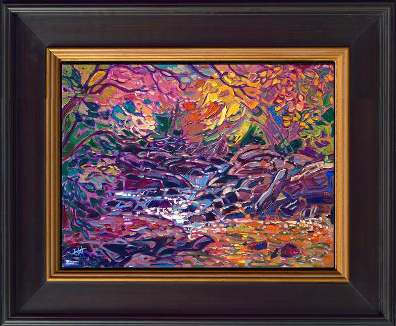 This painting captures the beauty of autumn on the east coast, inspired by a leaf-peeping adventure from Maine to South Carolina. The cool tones of the bubbling brook are beautifully contrasted by the overhanging maple and oak trees.</p><p>"New England Waters" is an original oil painting on linen board, done in Erin Hanson's signature Open Impressionism style. The piece arrives framed in a wide, mock floater frame finished in black with gold edging.</p><p>This piece will be displayed in Erin Hanson's annual <i><a href="https://www.erinhanson.com/Event/petiteshow2023">Petite Show</i></a> in McMinnville, Oregon. This painting is available for purchase now, and the piece will ship after the show on November 11, 2023. 