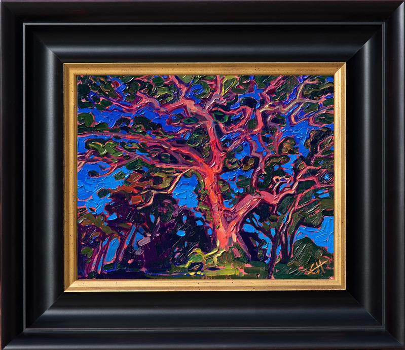 I have long been enamored by the effect of ground lighting on trees and landscape in the early evening.  At this early time of night, the sky is rich and velvety-blue, like a blue-toned jewel, setting off the rich natural colors of the oak tree, lit from underneath by a ground spotlight. This is the first in a series of "Night Paintings" that I plan on creating.</p><p>"Night Oak" is an original oil painting on linen board. The piece arrives framed in a black and gold plein air frame.