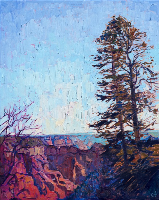 About the painting:
"The northern rim of the Grand Canyon is very special to me.  I love the silence in the winter, when you can stand all alone at the edge of the rim, surrounded by vast, quiet beauty in every direction.  This painting captures the transient light of early dawn." - Erin Hanson

This painting was included in the exhibition <i><a href="https://www.erinhanson.com/Event/ContemporaryImpressionismatGoddardCenter" target="_blank">Open Impressionism: The Works of Erin Hanson</i></a>, a 10-year retrospective and study of the development of Open Impressionism. The exhibition was held at The Goddard Center in Ardmore, OK in 2018. 

<I>North Canyon </I>won 1st Place in 2-D on Canvas at the <i><a href="https://www.erinhanson.com/Blog?p=Cowgirl-Up-2018" target="_blank">2018 Cowgirl Up! Exhibition</i></a>, at the Desert Caballeros Western Museum.

This painting was done on 1-1/2" canvas, with the painting continued around the edges.  The painting will be framed in a 23kt gold leaf floater frame to complement the colors in the piece.  It arrives wired and ready to hang.

This painting is available for purchase through the Desert Caballeros Western Museum, as part of the Cowgirl Up! exhibition.