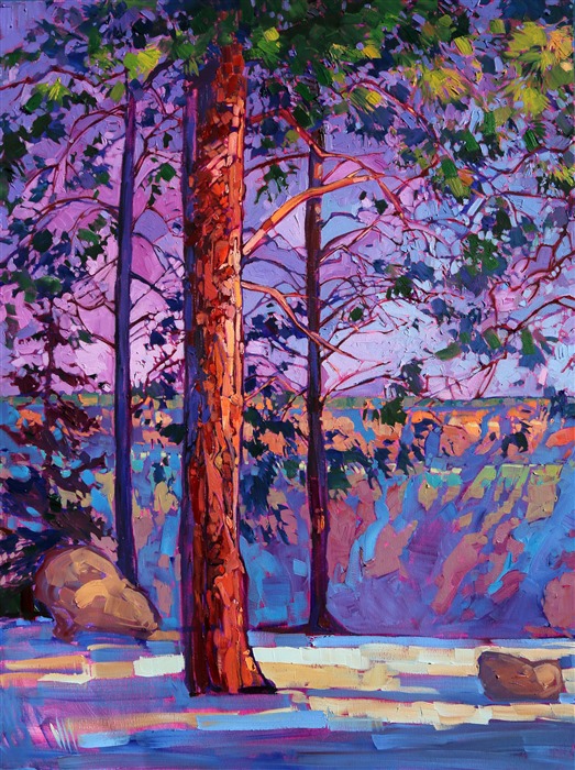 The grand canyon is so wide, so magnificent, that it takes an eighteen foot painting to begin to capture it. The painting communicates the crisp clear air of a November sunset on the northern rim. The colors are vivid and alive, the brush strokes full of texture and motion.