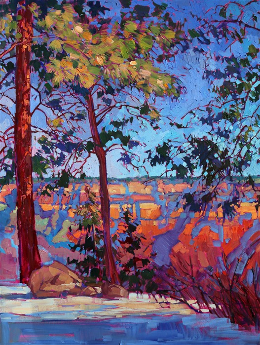 The grand canyon is so wide, so magnificent, that it takes an eighteen foot painting to begin to capture it. The painting communicates the crisp clear air of a November sunset on the northern rim. The colors are vivid and alive, the brush strokes full of texture and motion.
