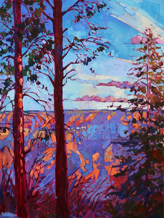 The grand canyon is so wide, so magnificent, that it takes an eighteen foot painting to begin to capture it. The painting communicates the crisp clear air of a November sunset on the northern rim. The colors are vivid and alive, the brush strokes full of texture and motion.